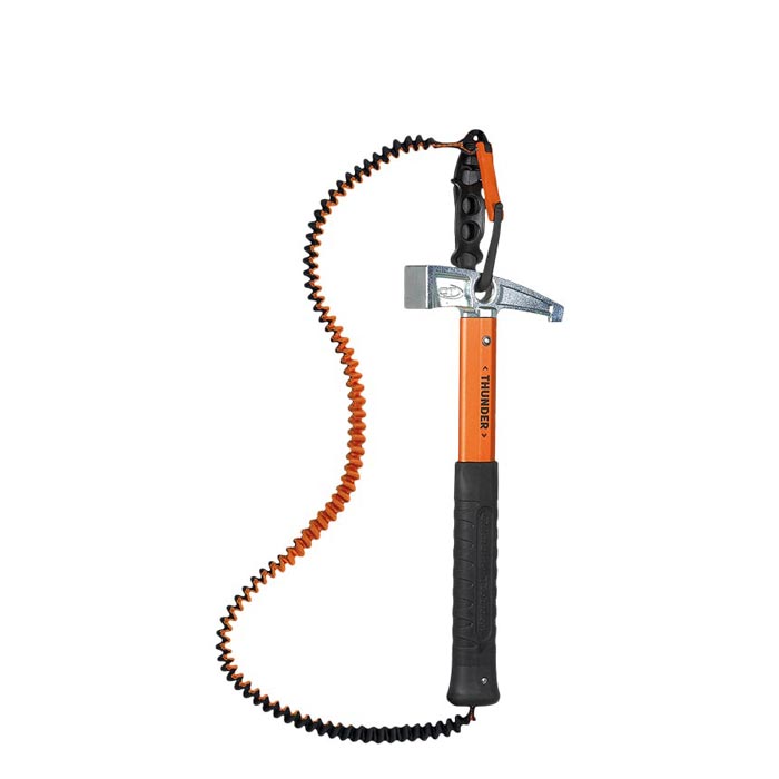 Das Bild zeigt den Kletterhammer Thunder Climbing TEchnology. Er ist senkrecht auf einem weißem Quadrat zu sehen. Links der dehnbare Auffangarm.