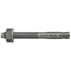 Das Bild zeigt einen silbern glänzenden Bohrhaken Fischer FAZ II Bolzenanker auf einem weißen Quadrat. Links die Mutter und Beilagscheibe. Rechts der Bolzenanker Schaft mit den Expansionsgliedern und Konus.