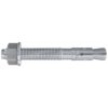 The picture shows a shiny silver expansion bolt Fischer FBN 2 expansion bolt on a white square. On the left the nut and washer. On the right, the bolt anchor shank with the expansion links and cone.  