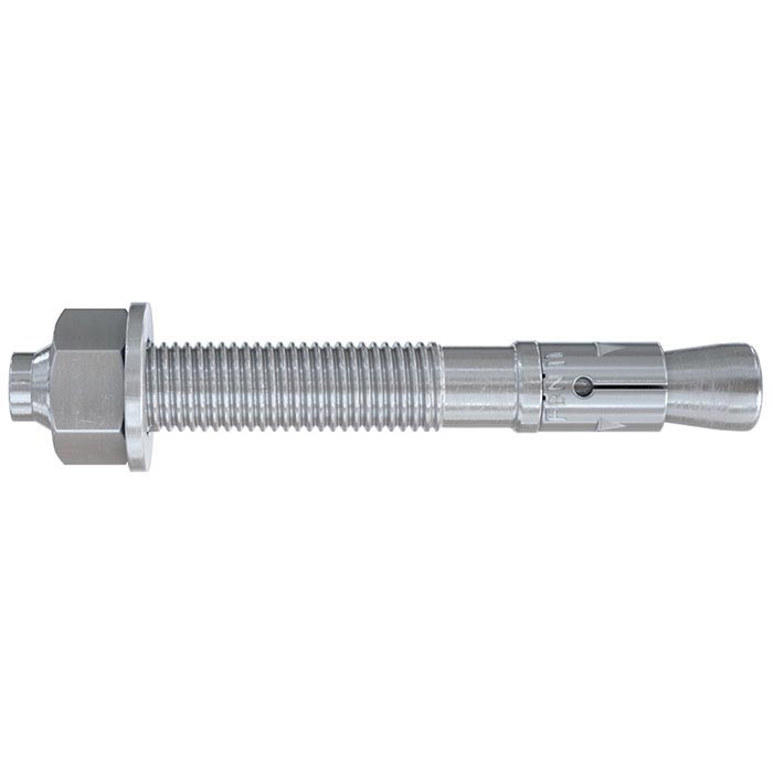 The picture shows a shiny silver expansion bolt Fischer FBN 2 expansion bolt on a white square. On the left the nut and washer. On the right, the bolt anchor shank with the expansion links and cone.