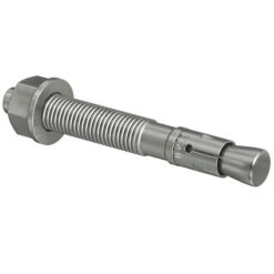 Das Bild zeigt einen silbern glänzenden Bohrhaken Fischer Schwerlastanker FBN II auf einem weißen Quadrat. Links die Mutter und Beilagscheibe. Rechts der Bolzenanker Schaft mit den Expansionsgliedern und Konus.