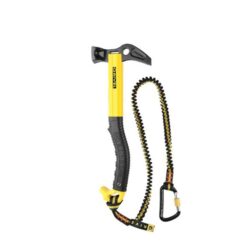 Das Bild zeigt den Grivel Felshammer Thor. Er ist senkrecht auf einem weißem Quadrat zu sehen. Rechts der dehnbare Auffangarm mit einem kleinen Auffangkarabiner.