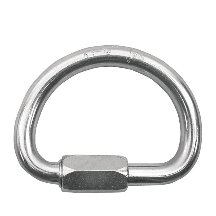 The picture shows a shiny silver Kong Quick Link D in a white square. The D-shaped screw link is positioned horizontally in the center of the picture with the curved leg pointing upwards and the screw cap pointing downwards.