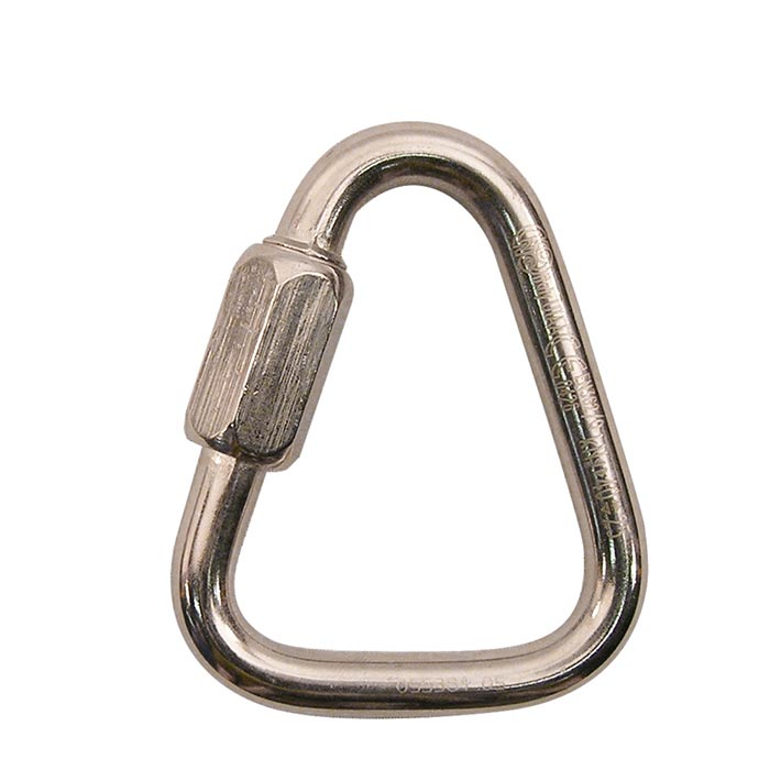 Das Bild zeigt ein silber glänzendes Kong Quick Link Triangle 8mm in einem weißem Quadrat. Es steht vertikal in Bildmitte mit dem Schraubverschluss nach links oben.