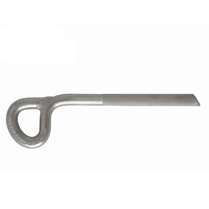 Das Bild zeigt den Raumer Masterfix Klebehaken. Der Haken ist in einem weißem Quadrat in Bildmitte zu sehen. Links die Karabineröse und links der Karabinerschaft.