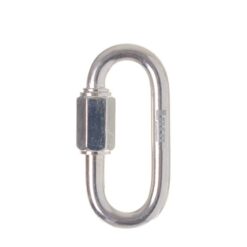 The picture shows a shiny silver screw link 10mm zinc plated in a white square. It is positioned vertically in the center of the image with the screw cap to the left. 