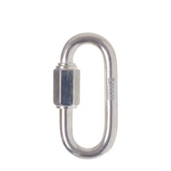 The picture shows a shiny silver screw link 8mm zinc plated in a white square. It is positioned vertically in the center of the image with the screw cap to the left. 