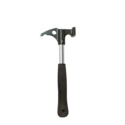 Das Bild zeigt den Stubai Felshammer Rocky in einem weißem Quadrat. Der Hammer steht vertikal aufrecht mit der dunklen Hammerspitze oben, der schwarze gummierte Schaft ist unten.