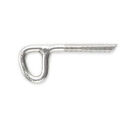 Das Bild zeigt den 10mm Klebehaken Vertical Evolution. Er liegt silbern glänzend in Bildmitte, die Karabineröse ist links.