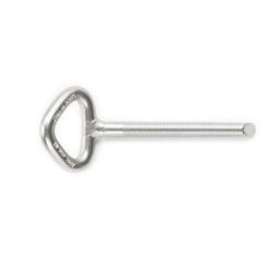 The picture shows a rappelling glue in bolt. It lies horizontally in the picture on a white background. The carabiner eye on the left and the shaft on the right.  