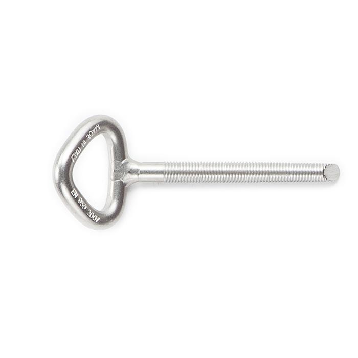 The picture shows a rappelling glue in bolt. It lies horizontally in the picture on a white background. The carabiner eye on the left and the shaft on the right.
