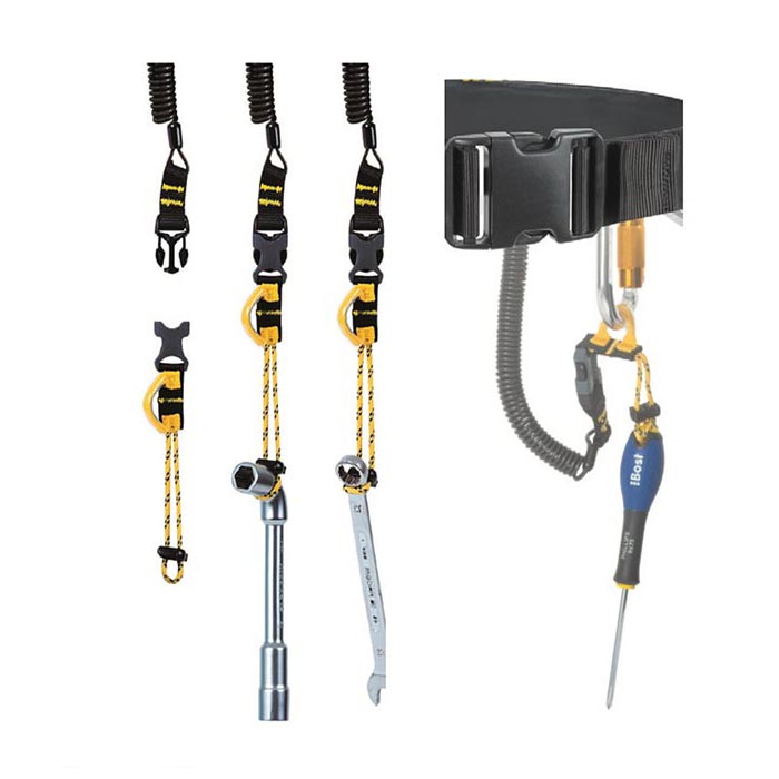 DAs Bild zeigt Anwendungsbeispiele für das Beal Air Leash System. Auf einem weißem Quadrat sind mehrere Werkzeuge zu sehen an denen die Werkzeug Sicherungsschlaufe montiert ist.