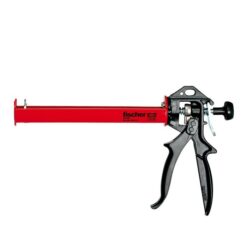 Das Bild zeigt eine rote Auspresspistole Fischer KPM2. Sie ist horizontal in Bildmitte zu sehen, mit dem schwarzen Kunststoffgriff rechts.