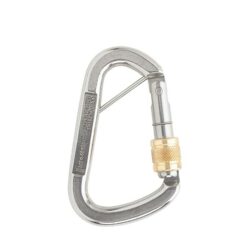 The picture shows a silver Austrialpin D-asymmetric screw lock steel carabiner in the center of a white square. The carabiner opening is facing to the right. 