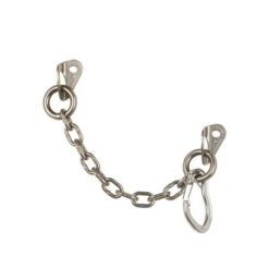 The picture shows the silver Austrialpin lower off Micro. The climbing anchor is laid out in the center of the picture, the carabiner is positioned at the bottom right. 