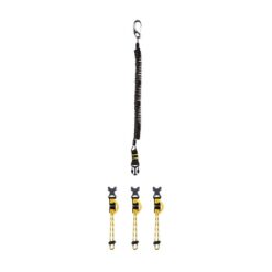 The picture shows the Beal Air Leash tool holder. At the top in the center of the picture is the dynamic spiral line. Below the three tool holders.  