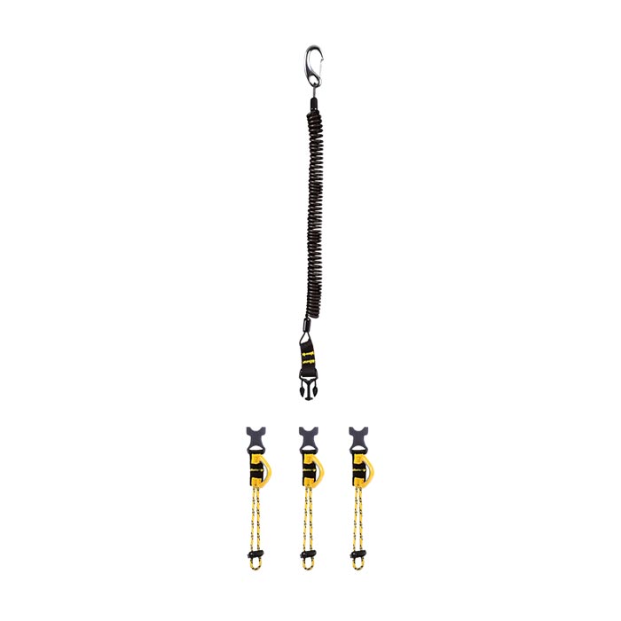 Das Bild zeigt die Beal Air Leash Werkzeughalterung. Oben in Bildmitte die dynamische Spiralleine. Unten die drei Werkzeughalterungen.