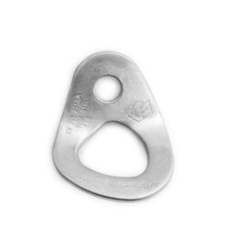 The picture shows the Infinity Vertical Evolution bolt hanger. The shiny silver tab is in the center of the picture with the carabiner eye facing down. The expansion boltopening is at the top.  