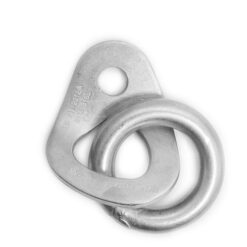 The picture shows the Infinity Vertical Evolution bolt hanger with ring. The shiny silver latch is in the center of the picture with the carabiner eye and the abseil ring facing downwards. The expansion boltopening is at the top.  