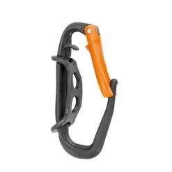Das Bild zeigt den schwarz-orangen Climbing Technology Materialkarabiner Hammer Lodge auf einem weißem Quadrat.