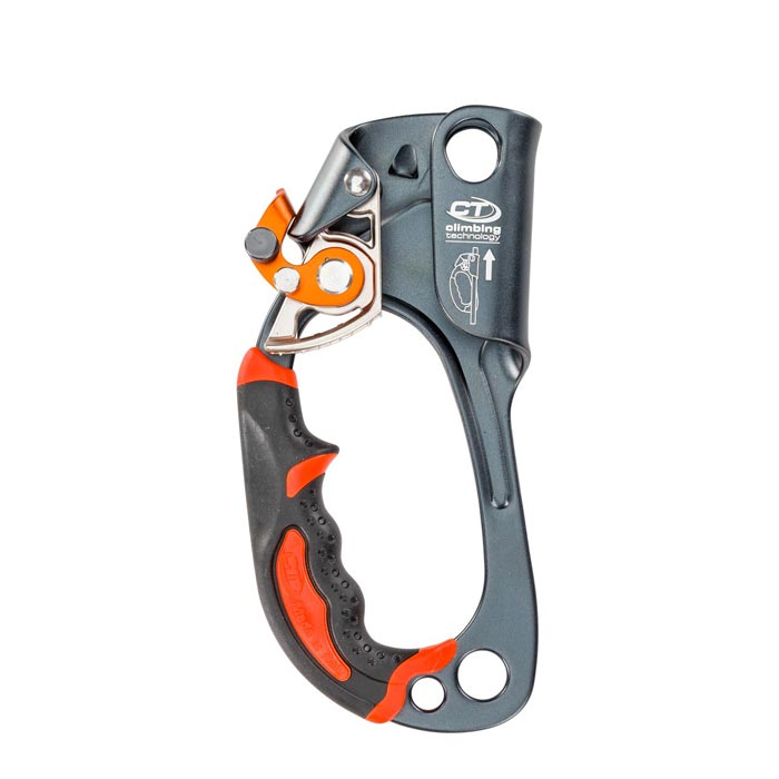Das Bild zeigt die Climbing Technology Quick Up Steigklemme für die linke Hand von der Innenseite. Man sieht in Bildmitte den grauen Jümar mit dem offenen Klemmechanismus oben und dem Gummigriff links unten.
