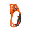Das Bild zeigt die Climbing Technology Quick Up Steigklemme für die rechte Hand von der Innenseite. Man sieht in Bildmitte den orangen Jümar mit dem Klemmechanismus oben und dem Gummigriff rechts unten.