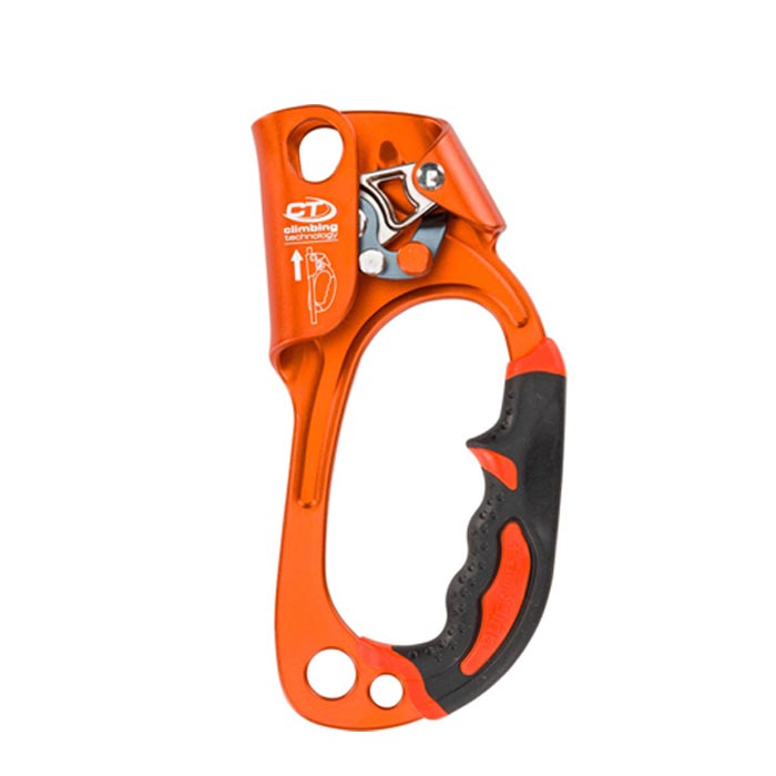 Das Bild zeigt die Climbing Technology Quick Up Steigklemme für die rechte Hand von der Innenseite. Man sieht in Bildmitte den orangen Jümar mit dem Klemmechanismus oben und dem Gummigriff rechts unten.