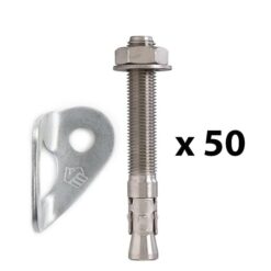 Das Bild zeigt eine Einbohr Vorteilspackung. In der Mitte ein vertikal aufgestellter, silberner Bohrhaken. Links eine silberne Bohrhakenlasche. Rechts die Schrift "mal fünfzig".