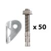 The picture shows a bolting value pack. In the middle is a vertically positioned, silver expansion bolt. On the left a silver bolt hanger. On the right the writing "times fifty".   