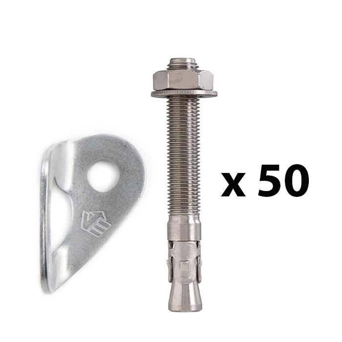 The picture shows a bolting value pack. In the middle is a vertically positioned, silver expansion bolt. On the left a silver bolt hanger. On the right the writing "times fifty".