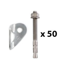 The picture shows a bolting value pack. In the middle is a vertically positioned, silver expansion bolt. On the left a silver bolt hanger. On the right the writing "times fifty".   