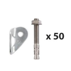The picture shows a bolting value pack. In the middle is a vertically positioned, silver expansion bolt. On the left a silver bolt hanger. On the right the writing "times fifty".   