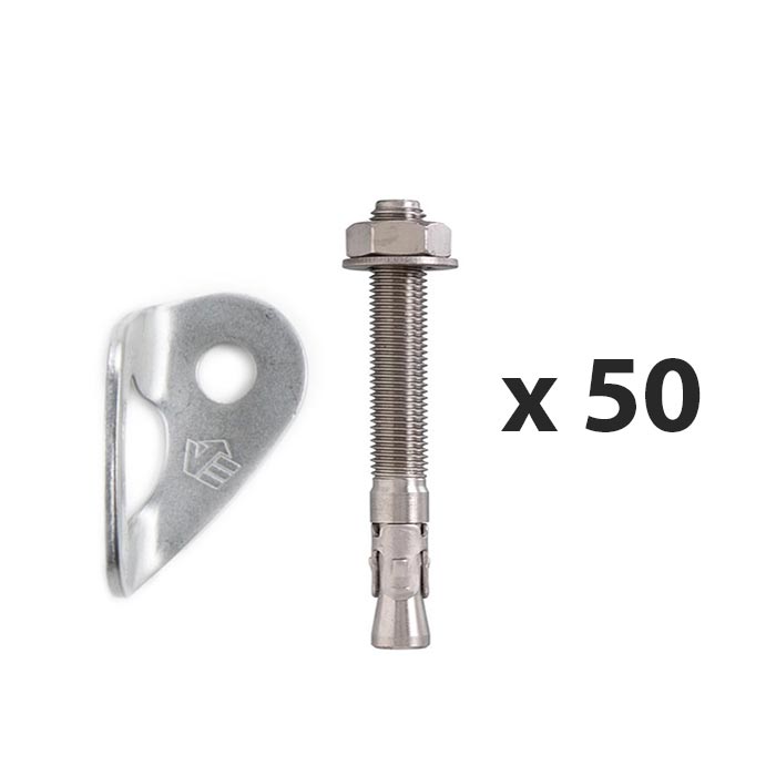 The picture shows a bolting value pack. In the middle is a vertically positioned, silver expansion bolt. On the left a silver bolt hanger. On the right the writing "times fifty".