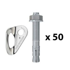 The picture shows a bolting value pack. In the middle is a vertically positioned, silver expansion bolt. On the left a silver bolt hanger. On the right the writing "times fifty".   