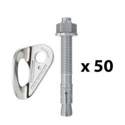 The picture shows a bolting value pack. In the middle is a vertically positioned, silver expansion bolt. On the left a silver bolt hanger. On the right the writing "times fifty".   