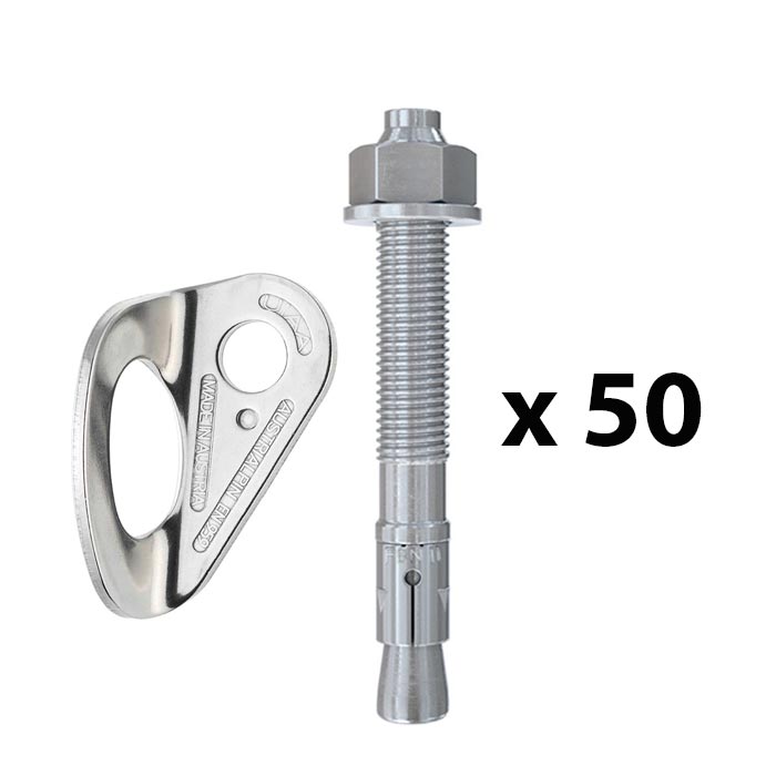 The picture shows a bolting value pack. In the middle is a vertically positioned, silver expansion bolt. On the left a silver bolt hanger. On the right the writing "times fifty".