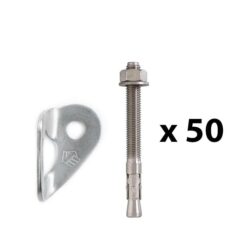 The picture shows a bolting value pack. In the middle is a vertically positioned, silver expansion bolt. On the left a silver bolt hanger. On the right the writing "times fifty".   