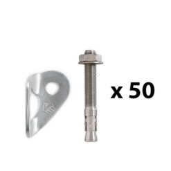 The picture shows a bolting value pack. In the middle is a vertically positioned, silver expansion bolt. On the left a silver bolt hanger. On the right the writing "times fifty".   