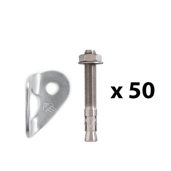 The picture shows a bolting value pack. In the middle is a vertically positioned, silver expansion bolt. On the left a silver bolt hanger. On the right the writing "times fifty".