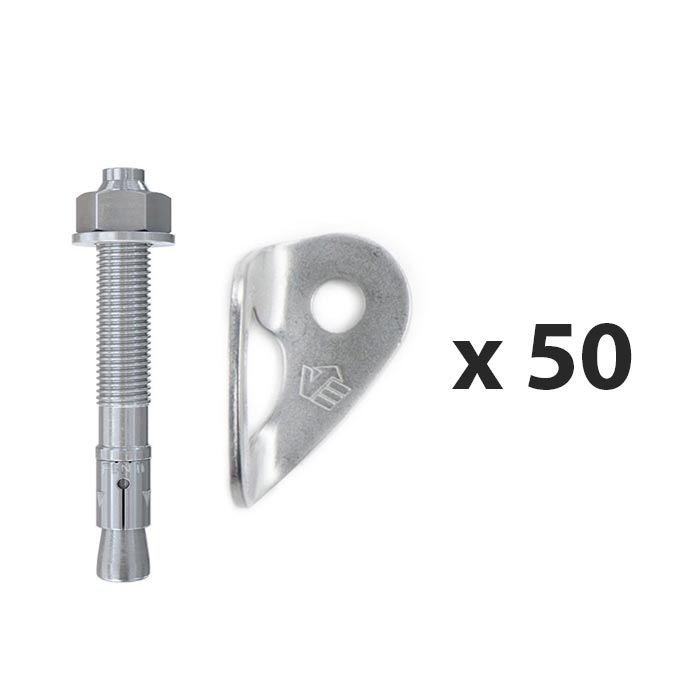 Das Bild zeigt eine Einbohr Vorteilspackung. Links ein vertikal aufgestellter, silberner Bohrhaken. In der mitte eine silberne Bohrhakenlasche. Rechts die Schrift "mal fünfzig".