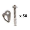 The picture shows a bolting value pack. In the middle is a vertically positioned, silver expansion bolt. On the left a silver bolt hanger. On the right the writing "times fifty".   