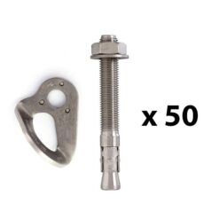 The picture shows a bolting value pack. In the middle is a vertically positioned, silver expansion bolt. On the left a silver bolt hanger. On the right the writing "times fifty".   