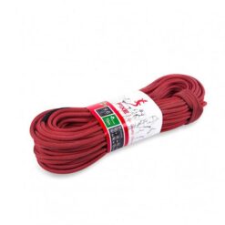 Das Bild zeigt einen aufgewickeltes Fixe Kletterseil Siurana. Der rote Seilstrang ist leicht schräg auf einem weißem Quadrat abgebildet.