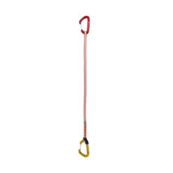 Das Bild zeigt eine Fly Weight Evo long Set Expressschlinge von Climbing Technology. Die Express steht aufrecht im Bild. Oben der rote hakenseitige Karabiner, in der Mitte die weiss-rote Expressschlinge, unten der gelbe seilseitige Karabiner. Die Schnapper schauen nach links.