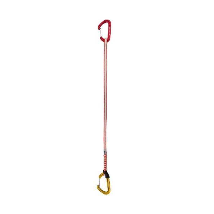 Das Bild zeigt eine Fly Weight Evo long Set Expressschlinge von Climbing Technology. Die Express steht aufrecht im Bild. Oben der rote hakenseitige Karabiner, in der Mitte die weiss-rote Expressschlinge, unten der gelbe seilseitige Karabiner. Die Schnapper schauen nach links.