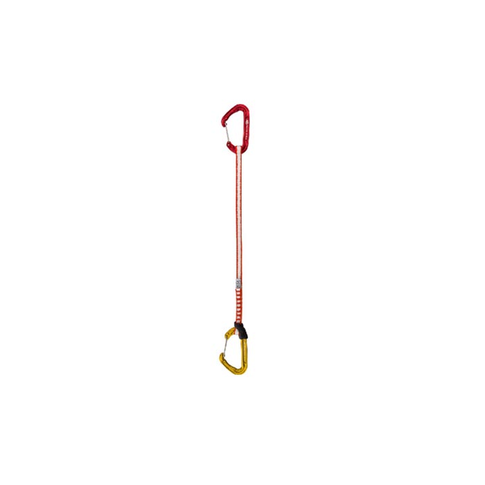 Das Bild zeigt eine Fly Weight Evo long Set Expressschlinge von Climbing Technology. Die Express steht aufrecht im Bild. Oben der rote hakenseitige Karabiner, in der Mitte die weiss-rote Expressschlinge, unten der gelbe seilseitige Karabiner. Die Schnapper schauen nach links.