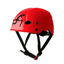 Das Bild zeigt einen roten Kletterhelm Fixe mit schwarzem Kinnband.