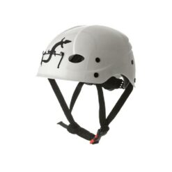 Das Bild zeigt einen weißen Kletterhelm Fixe mit schwarzem Kinnband.