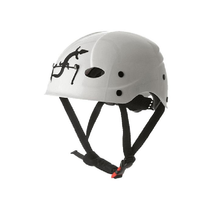 Das Bild zeigt einen weißen Kletterhelm Fixe mit schwarzem Kinnband.