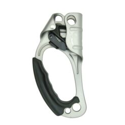 Das Bild zeigt die graue Handsteigklemme Kong Lift für die linke Hand. Der Jümer steht senkrecht in Bildmitte mit dem schwarzen Gummigriff nach links.